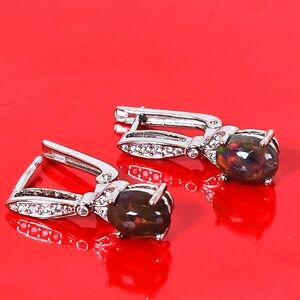 Natural Black Opal & CZ 925 Sterling Silver Earrings